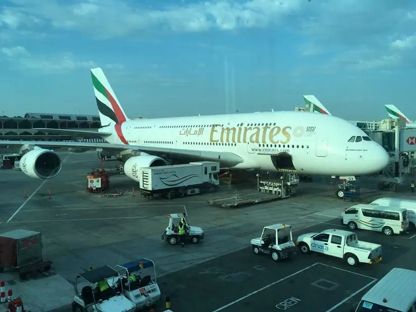 Ein Airbus A380 von Emirates 2018 in Dubai